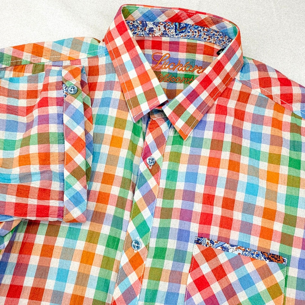 Luchiano Visconti Shirt Mens XL Multicolor Gingham Check Short Sleeve Cotton